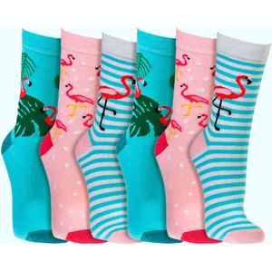 Damessokken | grappige sokken | vrolijke sokken | happy socks printjes | per 6 paar | Thema: Flamingo's
