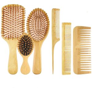 Crrynuo Bamboe Haarborstel - Bamboe Haarborstel en Kam Set - Hoofdhuid Massage Borstel - Haarborstel Antiklit - 6 in 1 Haarborstel