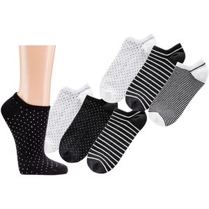 Dames sneakersokken | no show sokken | enkelsokken | 6 paar | zwart en wit printjes | hoogwaardig katoen