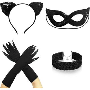 Pack of 4 Cat Costume Accessories - Cat Ears Hair Band, Masks, Necklace, and Claw Gloves for Masquerade Masks, Halloween Carnival, and Cosplay Party - One Size