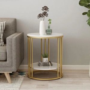 Gran VidaÂ® Elegante Ronde Bijzettafel - 2-Laags met Wit Marmer - Multifunctioneel als Salontafel of Nachtkastje - Modern Design