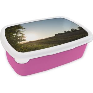 Broodtrommel Roze - Lunchbox - Brooddoos - Tractor - Boerderij - Zon - 18x12x6 cm - Kinderen - Meisje