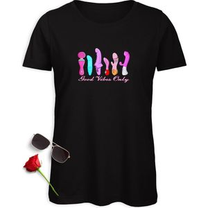 B & C - T Shirt Dames - Goede Vibraties - Zwart - Maat L