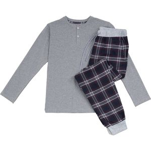 La V - Pyjamaset - Grijs/Donkerblauw - Jongens - Flanel Broek met Henley Kraag Shirt