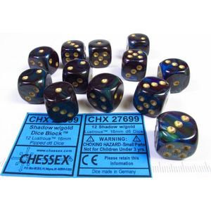 Chessex glanzend schaduw/goud D6 16mm Dobbelsteenset (12 stuks)