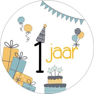 25x Sluitsticker 1 Jaar - Geel Blauw - 40 mm - Verjaardags sticker - Sluitzegel - Sticker Verjaardag jongens meisjes - Ballonnen - Cadeau's Kado's - Glossy - Sluitzegel - Wensetiket - Uitdelen - Jarig - Trakteren - Hoera