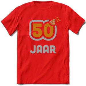 50 Jaar Feest T-Shirt | Goud - Zilver | Grappig Verjaardag Cadeau Shirt | Dames - Heren - Unisex | Tshirt Kleding Kado | - Rood - XXL