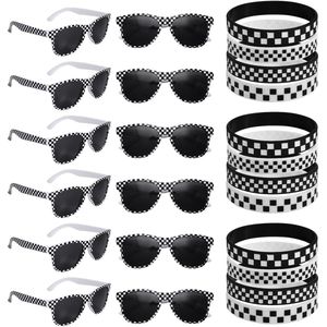 12-delige feestset met raceauto zonnebrillen en polsbandjes in zwart-wit geruit design, siliconen armbanden voor zomer, zwembad en verjaardagscadeaus