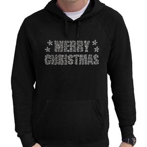 Glitter foute kersttrui met capuchon zwart Merry Christmas glitter steentjes/ rhinestones voor heren - Hoodies - Glitter kerstkleding/ outfit XL