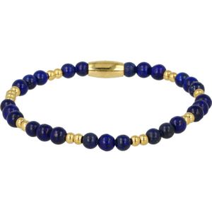 My Bendel Fijne elastische armband goudkleurig met Lapis Lazuli edelsteen 4mm - Goudkleurige elastische armband van edelstaal gecombineerd met Lapis Lazuli edelsteen - Met luxe cadeauverpakking