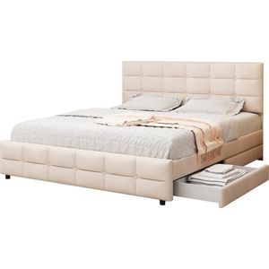 Merax Kingsize Tweepersoonsbed 180 x 200 cm - Bedframe met 4 Lades en Lattenbodem - Fluweel Gestoffeerd Bed - Beige