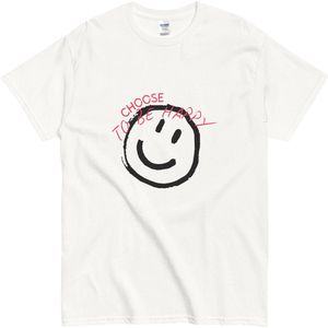 Positieve Boodschap T Shirt Dames en Heren - Tshirt met Smiley Print en Tekst Kies voor Gelukkig Zijn - Wit - M