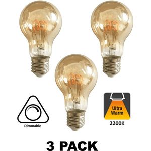 3 PACK - E27 Led Lamp 4w Edison, A60, 2200K Flame, 270 Lumen, Dimbaar, Amber Glas