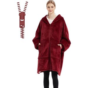 Q-Living Hoodie Deken - Oversized Hoodie - Snuggle Hoodie - Fleece Deken Met Mouwen - 1450 gram - Wijnrood Met Rits