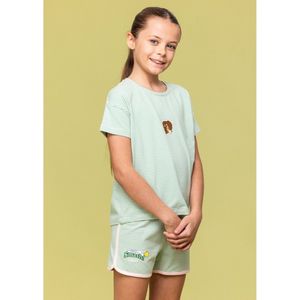 Woody pyjama meisjes/dames - lichtroze/groen gestreept - leeuw - 241-10-PZG-Z/912 - maat 140