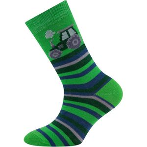 Ewers Kindersok - Groen met Donkergroene Trekker/Tractor & Groene/Blauwe/Grijze Steepjes-23/26