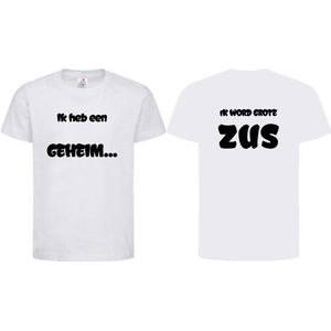 Shirt Aankondiging zwangerschap ""Ik heb een GEHEIM..."" op voorkant ""Ik word grote ZUS"" op achterkant | korte mouw | Wit/zwart | maat 134/140 zwangerschap aankondiging bekendmaking Baby big sis sister Grote ZUS