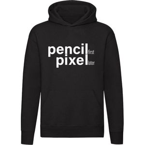 Pencil first pixcel later Hoodie | Grafisch ontwerper | design | ontwerpen | digitaal | Unisex | Trui | Sweater | Capuchon | Zwart