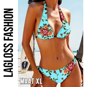LaGloss® Dames Bloemenprint Bikini Set – Hoge Stretch – Lace-Up Halter Bikini in Roze & Blauw – Verstelbare Zwemkleding voor Strand & Zwembad- Maat L