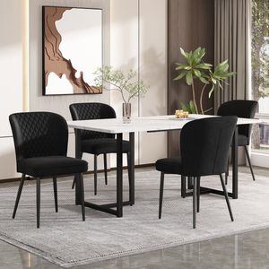 Sweiko Eettafel set, 140 x 80 x 75cm, eettafel met 4-stoelen, zwart fluweel eetkamerstoelen, kussens stoel ontwerp met rugleuning, wit MDF tafelblad, L-vormige zwarte tafelpoten