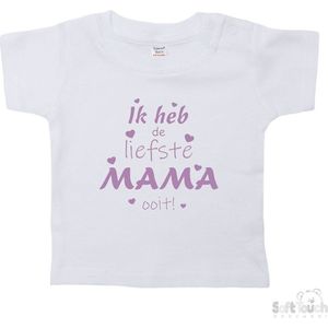 Soft Touch T-shirt Shirtje Korte mouw ""Ik heb de liefste mama ooit!"" Unisex Katoen Wit/lila Maat 62/68