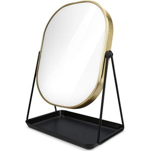 Tafelspiegel zwart goud met sieradenschaal - Staande make up spiegel en accessoireschaal - Roterende opmaakspiegel met verlichting