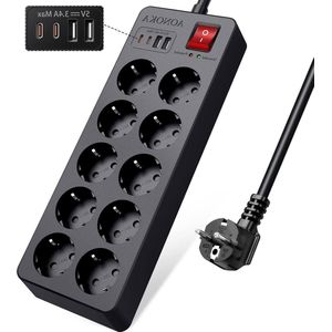 Stekkerdoos met Overspanningsbeveiliging - 10 voudig - Schakelaar - USB C - 10 Stopcontacten - 2 USB A - 2 USB C - 15m Kabel - Zwart