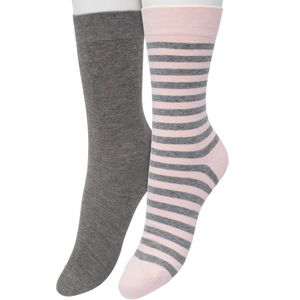 Bonnie Doon Sokken Set Gestreept en Effen voor Dames Roze/Grijs maat 36/42 - Set met 2 paar Sokken - Strepen - Katoen - Gladde Naad - Brede Boord - Perfecte Pasvorm - 2-pack - Multipack - Lichtroze - Anthracite Heather -Strawberry Cream - OL041101.17