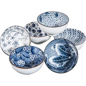 Japanse stijl keramische snackkommen set van 6 blauwe en witte kommen 11 cm kleine rijstkommen set soepkommen (11,4 cm)