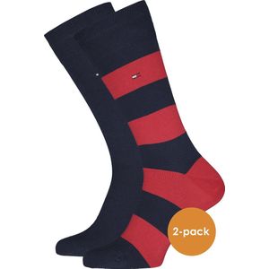 Tommy Hilfiger Rugby Stripe Socks (2-pack) - herensokken katoen gestreept en uni - blauw met rood - Maat: 39-42
