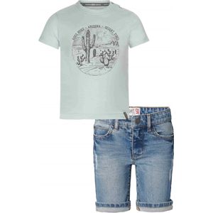 Noppies - Koko Noko - Kledingset - 2DELIG - Broek Denim Short Ghent - Shirt Lichtblauw met print - Maat 140
