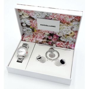Excellanc dameshorloge geschenkset zilverkleurig cadeauset horloge, ketting, oorbellen kerstcadeau