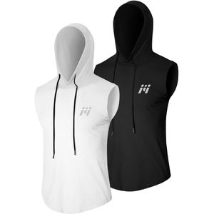 MEETEU Heren workout tanktops met capuchon (2-pack) mouwloze gym hoodies bodybuilding muscle cut-off T-shirt-Zwart/Wit-XXL