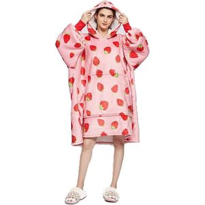 Hoodie-deken voor dames, flanel fleece pullover, sweatshirt, deken, wollige sherpa tv-deken met mouwen, fruitprint-, dierenprint-patroon, oversized, capuchon, pullover, knuffeldeken, eenheidsmaat - oudroze aardbei