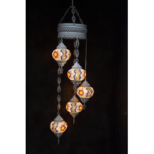 Hanglamp multicolour zilver glas mozaïek 5 bollen Turkse Oosterse Crèmewit Marokkaanse kroonluchter