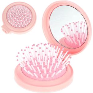Mini-haarborstel met Spiegel - Draagbaar en Opvouwbaar - Roze