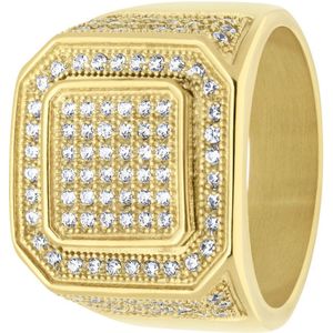 Lucardi Heren Gerecycled stalen goldplated heren ring met zirkonia - Ring - Staal - Goudkleurig - 20 / 63 mm