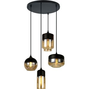 KLIMliving Moorea - Hanglamp Woonkamer - Zwart - Glas - Amber - Hanglamp industrieel - Hanglamp Eetkamer - Hanglamp set - Hanglamp modern - Inclusief plafondplaat Ø50 cm