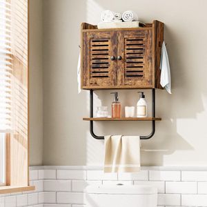 Medicijnkast, Badkamerkast, Wandkast voor Badkamer, Keukenkast, Badkamerkast met Luiken en Handdoekenrek, Verstelbare Plank, 2 Haken, Vintage Bruin en Zwart EBF46CW01