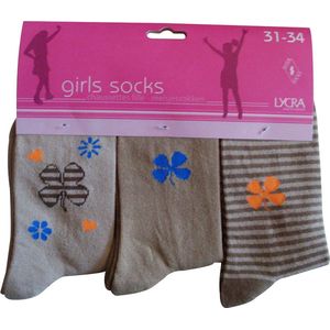 Meisjes sokken - katoen 6 paar - lucky - maat 31/34 - assortiment bruin - naadloos