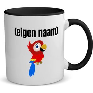 Akyol - kleine papegaai met eigen naam koffiemok - theemok - zwart - Papegaai - papegaai liefhebbers - mok met eigen naam - iemand die houdt van papegaaien - verjaardag - cadeau - kado - 350 ML inhoud
