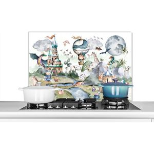 Spatscherm keuken 90x60 cm - Kookplaat achterwand Kinderen - Luchtballon - Draak - Jongens - Kasteel - Waterverf - Muurbeschermer - Spatwand fornuis - Hoogwaardig aluminium