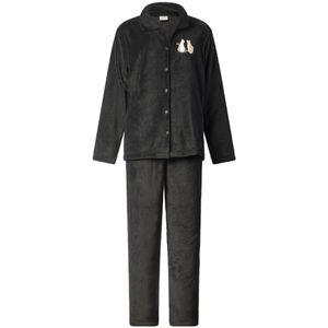 Lunatex - warm dames huispak 124267 met doorknoop - zacht loungepak - coral fleece - zwart - maat M