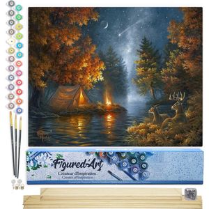 Figured'Art Schilderen op Nummer Volwassenen canvas Kamperen onder een gerst - Handwerk acrylverf Kit DIY Compleet - 40x50cm met DIY houten lijst