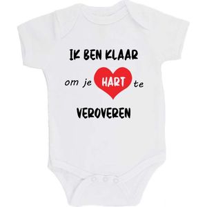 100% katoenen Romper bedrukt met grappige tekst Kado Cadeau Kraamkado Kraamcadeau ""Ik ben klaar om je hart te veroveren"" Unisex Katoen Wit/zwart/rood Maat 68/74