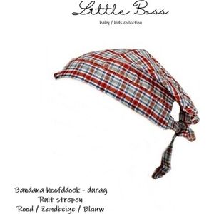 Little Boss - Bandana hoofddoek – Durag – Doo Rag - kind / baby 0-3 jaar – 2 stuks – (ruit) strepen nr. 18 + nr. 14 – rood beige blauw / beige rood zwart - polyester nylon – casual feest festival