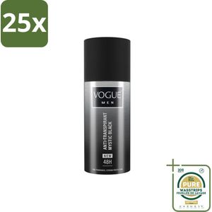 25 x Vogue Anti-Transpirant Mystic Black 150 ml - Grootverpakking - Anti-transpirant - Deodorant Spray - 48 Uur Bescherming - Mannelijke Geur - Patchouli