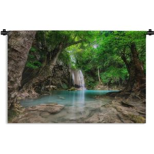 Wandkleed Diep in de jungle - Erawan Waterval in Kanchanaburi Thailand Wandkleed katoen 60x40 cm - Wandtapijt met foto