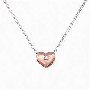 White Basis – Hartje Ketting – 14K Rose Goud Vergulde 925 Zilver met Zirkonia – Puffed Heart Necklace – Valentijn & Kerst Cadeautje Vrouwen