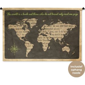 Wandkleed - Wanddoek - Wereldkaart - Quote - Boek - 150x100 cm - Wandtapijt